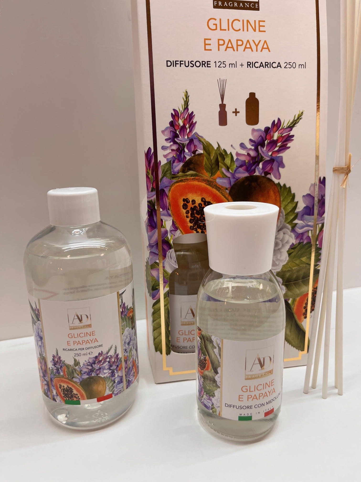 unnamed Αρωματικό χώρου Glicine e Papaya με σετ diffuser 125ml και refill 250ml με floral & φρουτώδες άρωμα