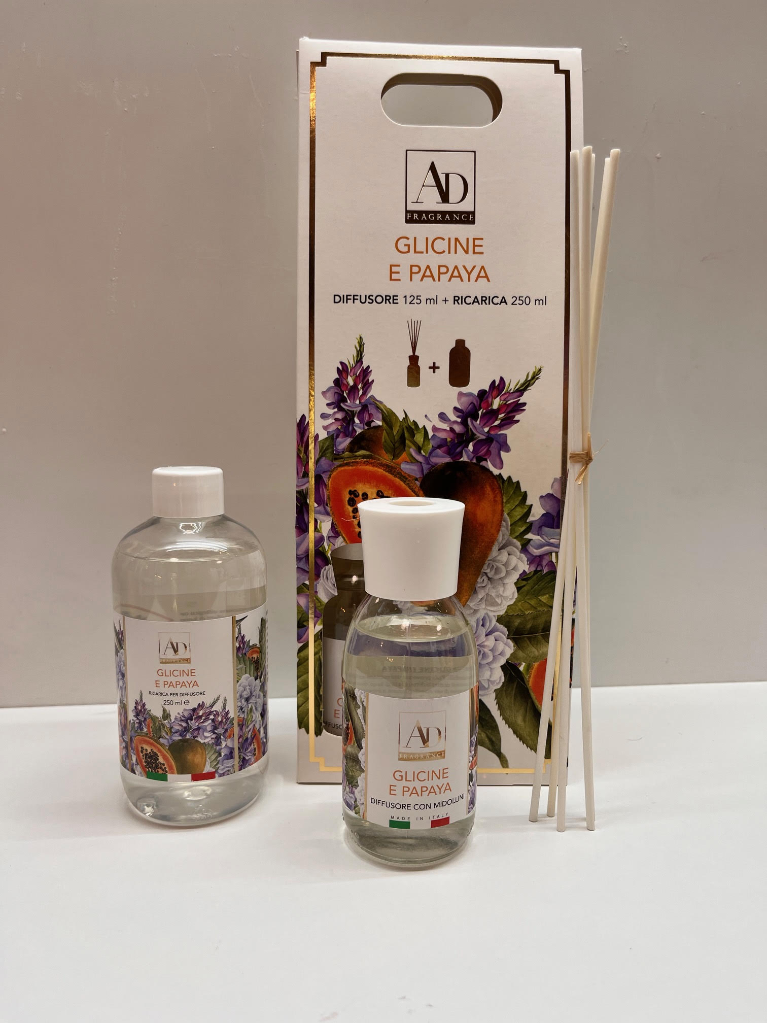 unnamed (3) Αρωματικό χώρου Glicine e Papaya με σετ diffuser 125ml και refill 250ml με floral & φρουτώδες άρωμα